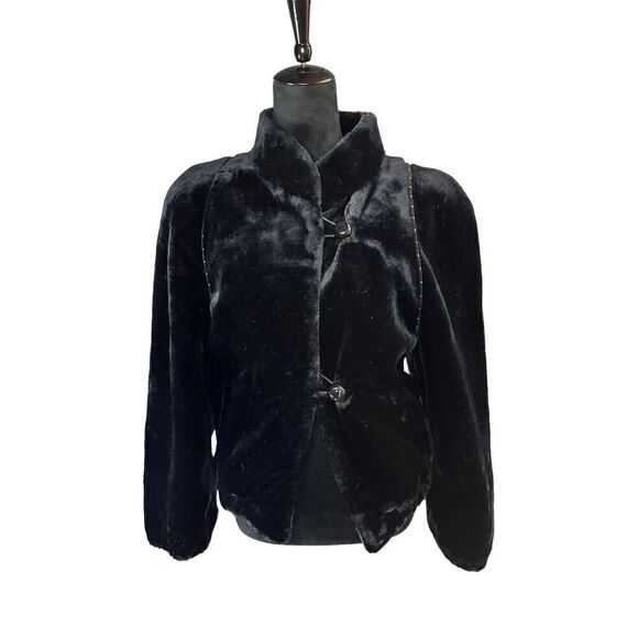 JORDACHE Black Jacket Full Zip Size XS Plush Faux Fur Vtg - Picture 1 of 13